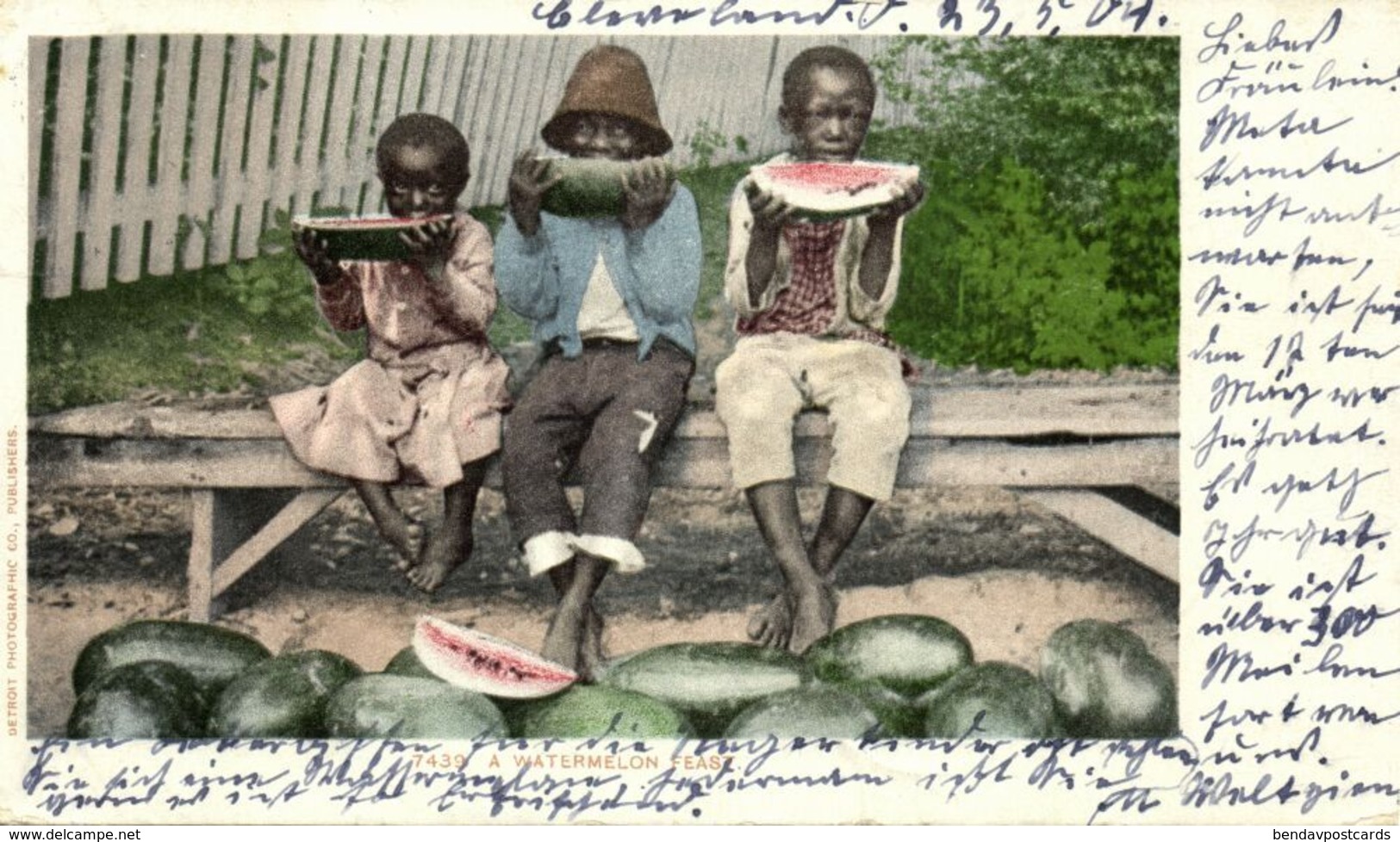 Black Americana, "Watermelon Feast" 1904 Detroit Photographic Co. Postcard 7439 - Black Americana