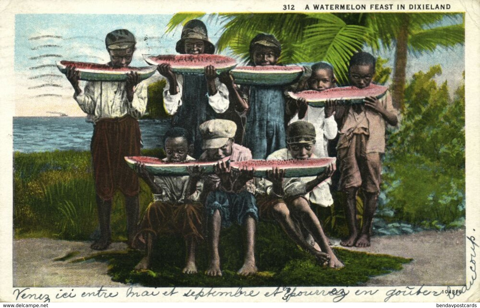 Black Americana, "A Watermelon Feast In Dixieland" (1930) Asheville 312 Postcard - Black Americana