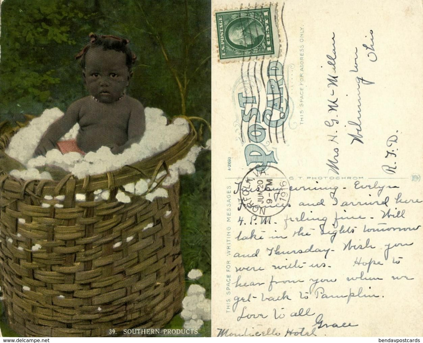 Black Americana, "Southern Products", Cotton (1916) C.T. Photochrom Postcard 39 - Black Americana