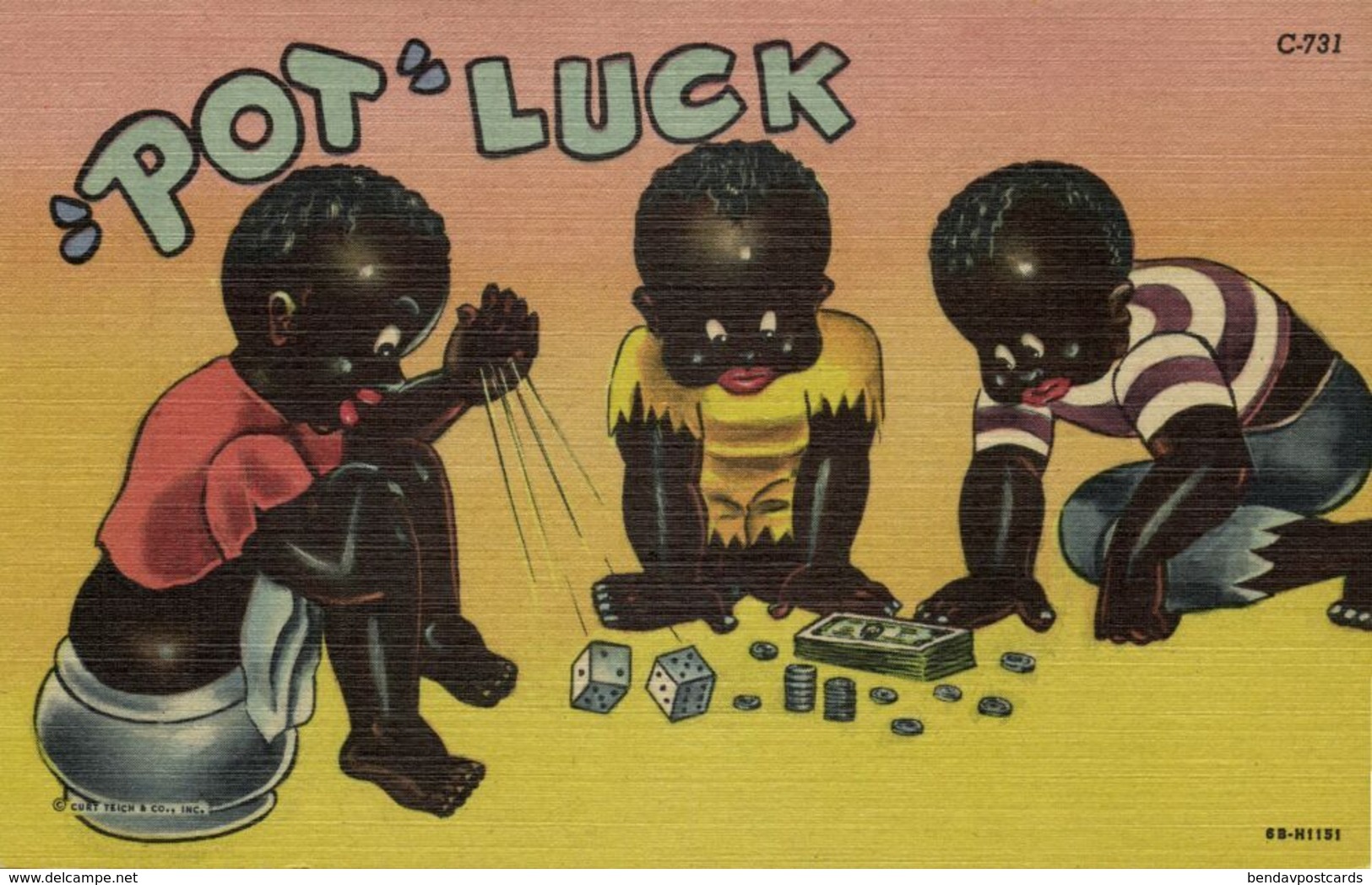Black Americana, "Pot Luck". Gambling Dice (1930s) Curteich C-731 Postcard - Black Americana