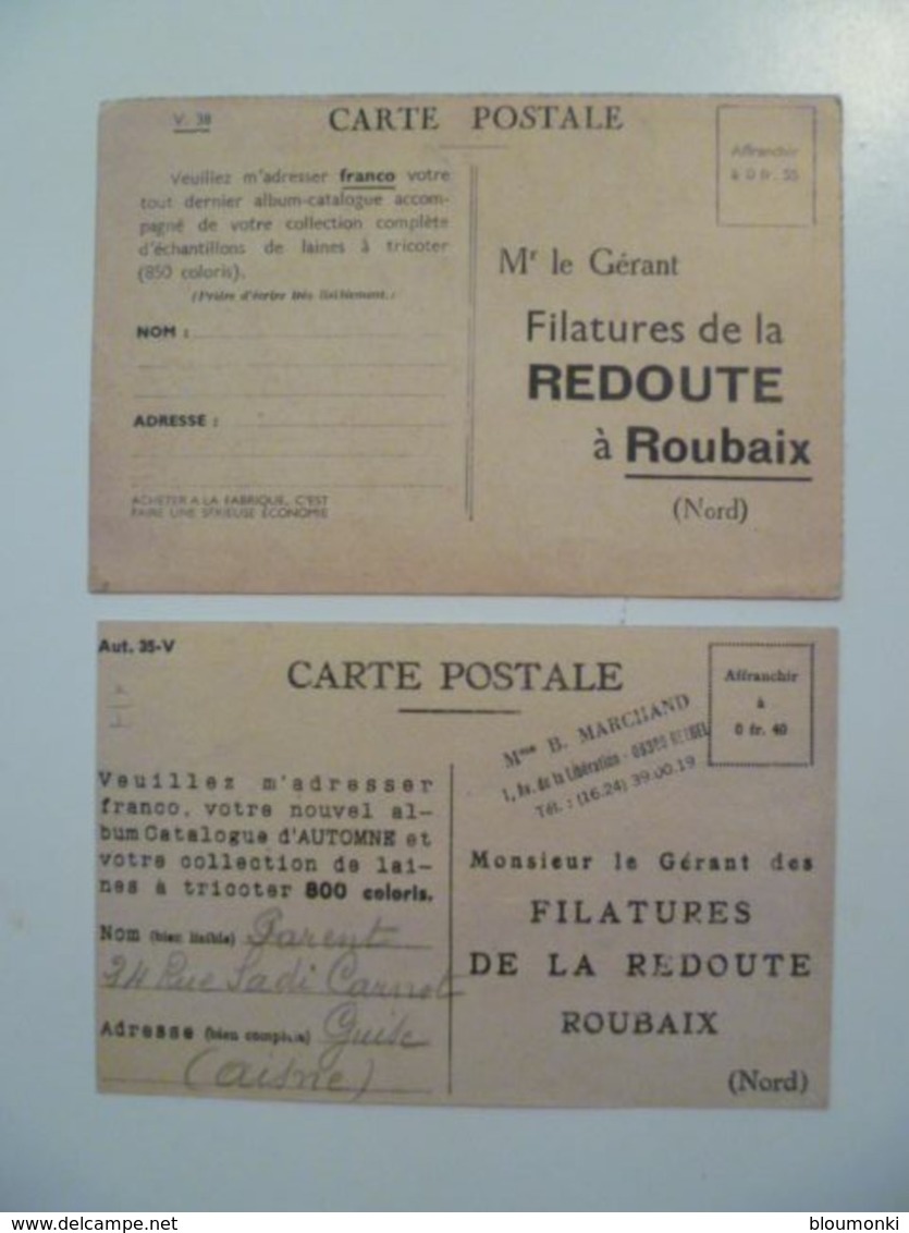 CPA / Lot De 2 Cartes Postales Anciennes Publicitaires / Filatures LA REDOUTE & Cecile Sorel - Werbepostkarten