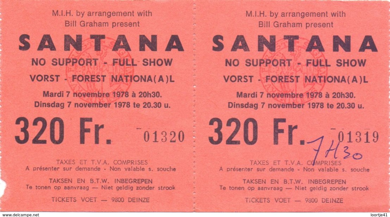 Ticket Toegangskaart - Santana - Vorst Forest National - 1978 - 2 Stuks - Tickets - Vouchers