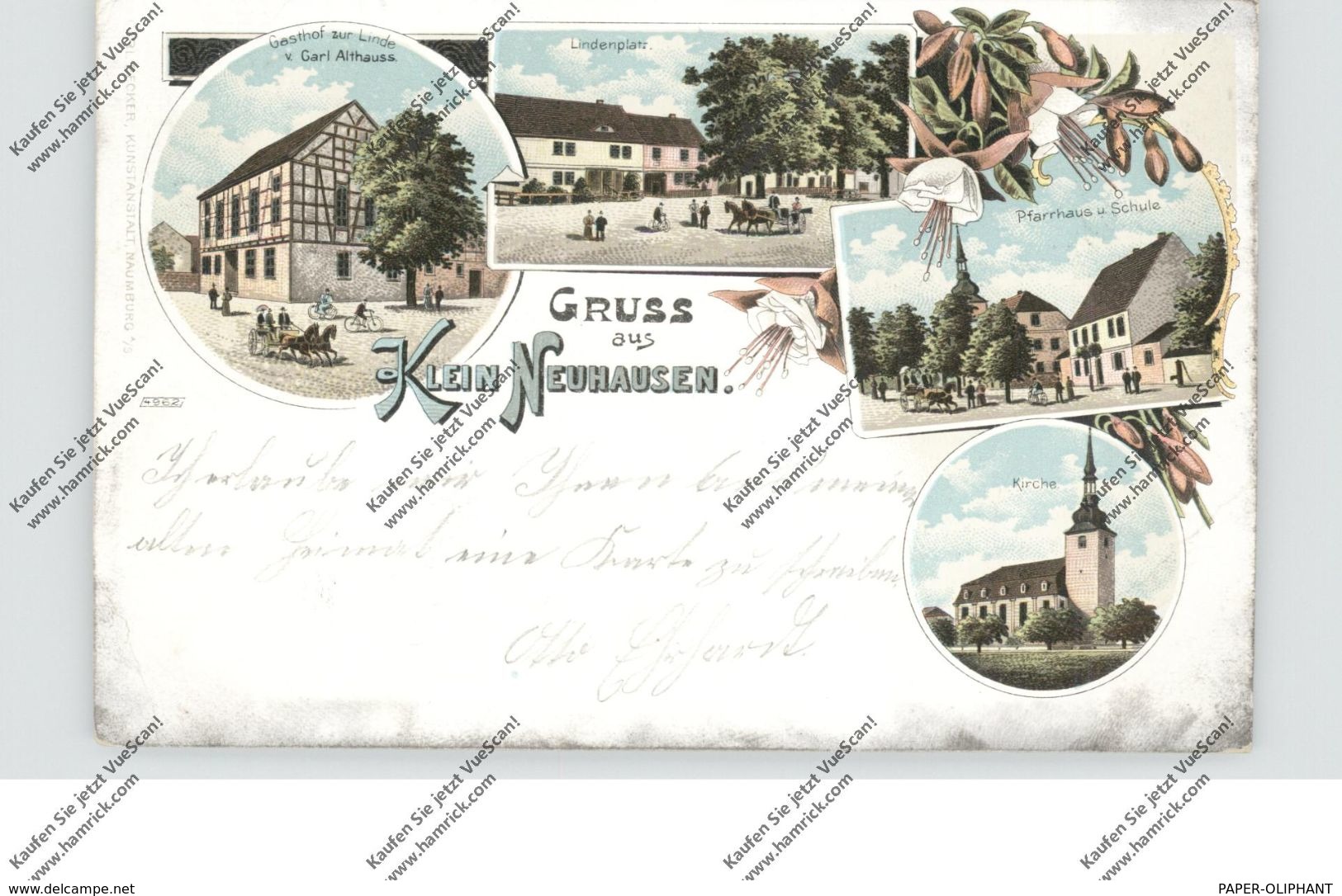 0-5231 KLEINNEUHAUSEN / Kölleda, Lithographie, Gasthof Zur Linde, Lindenplatz, Pfarrhaus & Schule, Kirche - Soemmerda