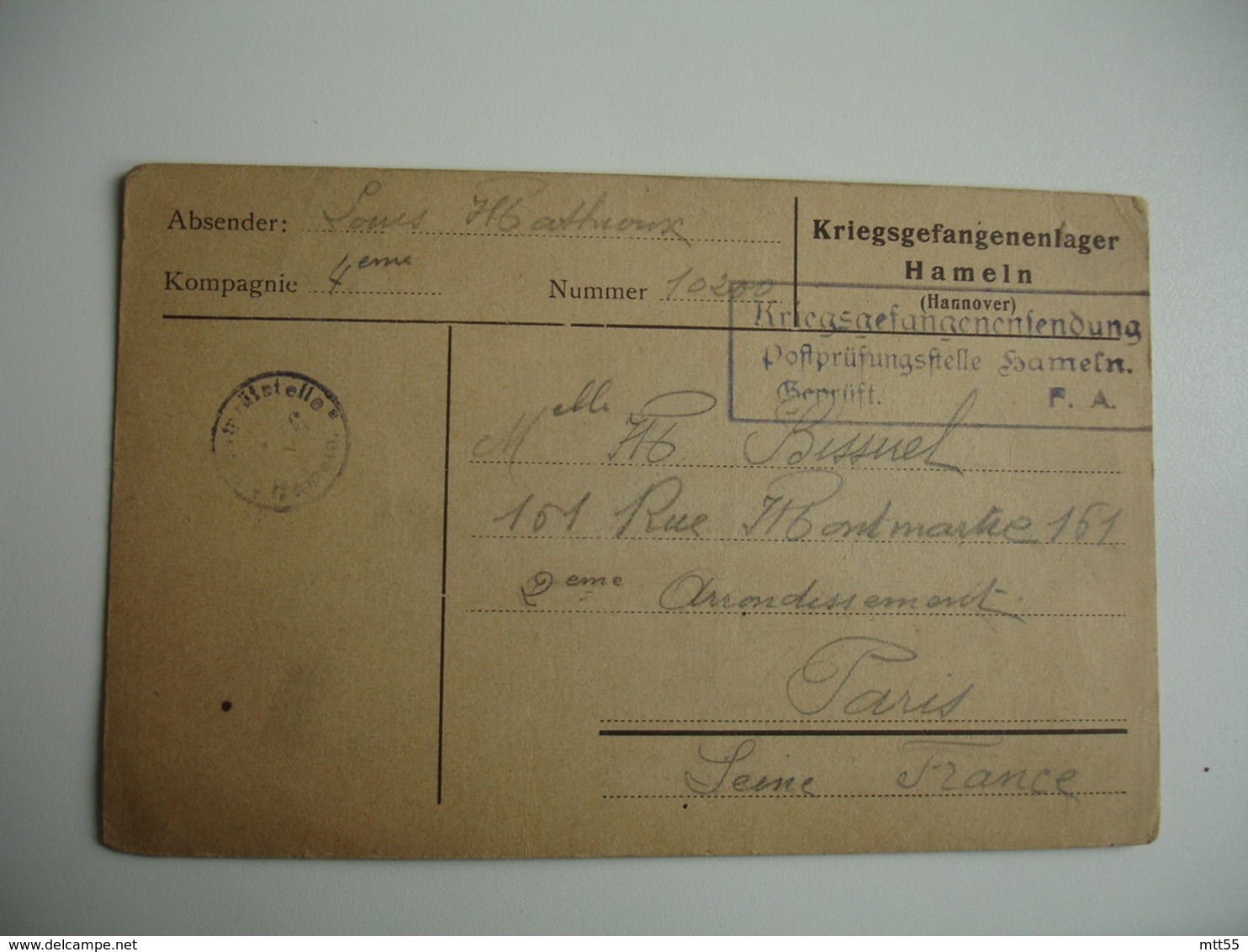 Hameln Lot 2 Lettre Censure Camp De Prisonnier Prisonniers - Guerre De 1914-18
