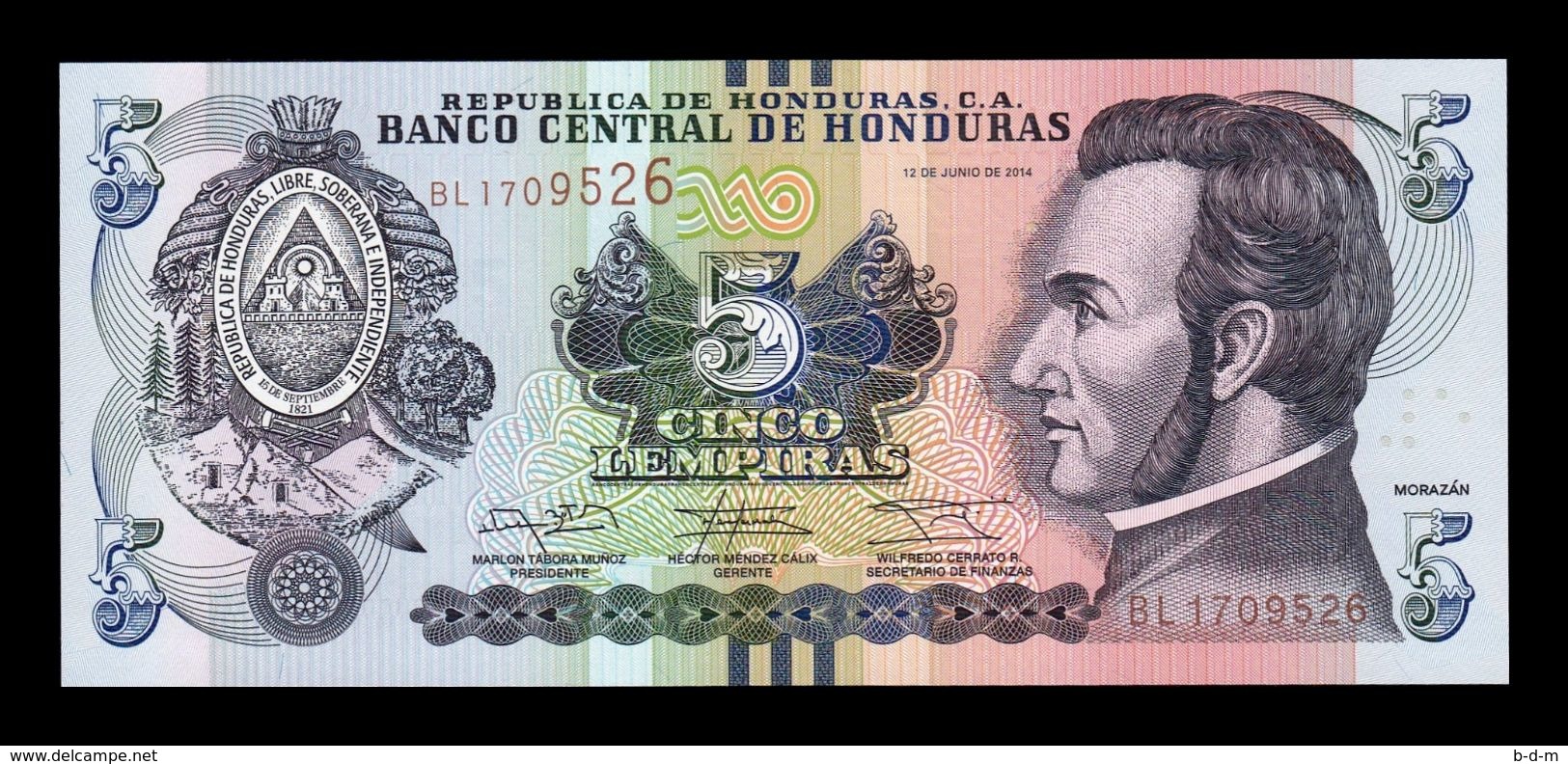 Honduras 5 Lempiras 2014 Pick 98b SC UNC - Honduras