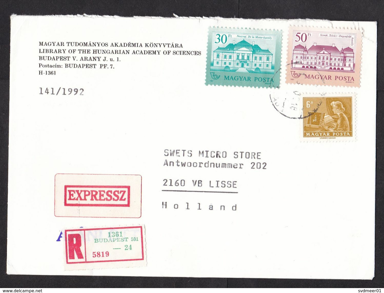 Hungary: Registered Express Cover To Netherlands, 1992, 3 Stamps, Castle, Expresse & R-label (minor Damage) - Brieven En Documenten