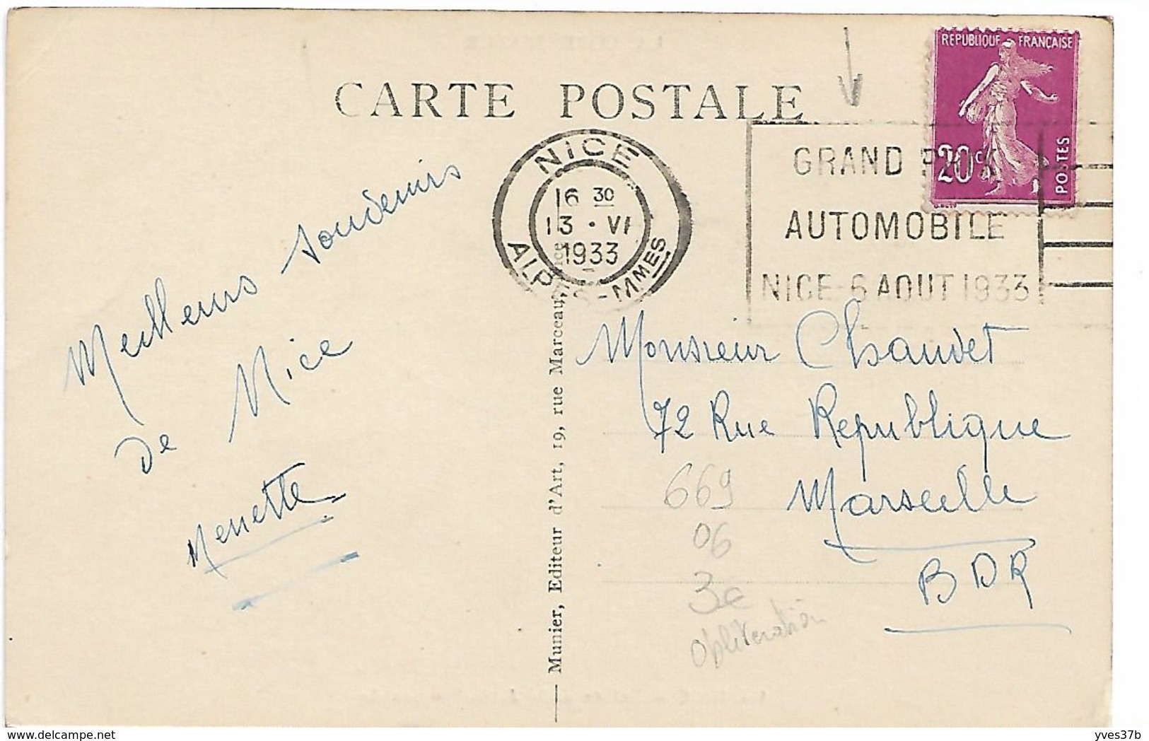 NICE - Entrée De La Jetée-Promenade - Oblitération "Grand Prix Automobile 6/08/1933 - Monuments