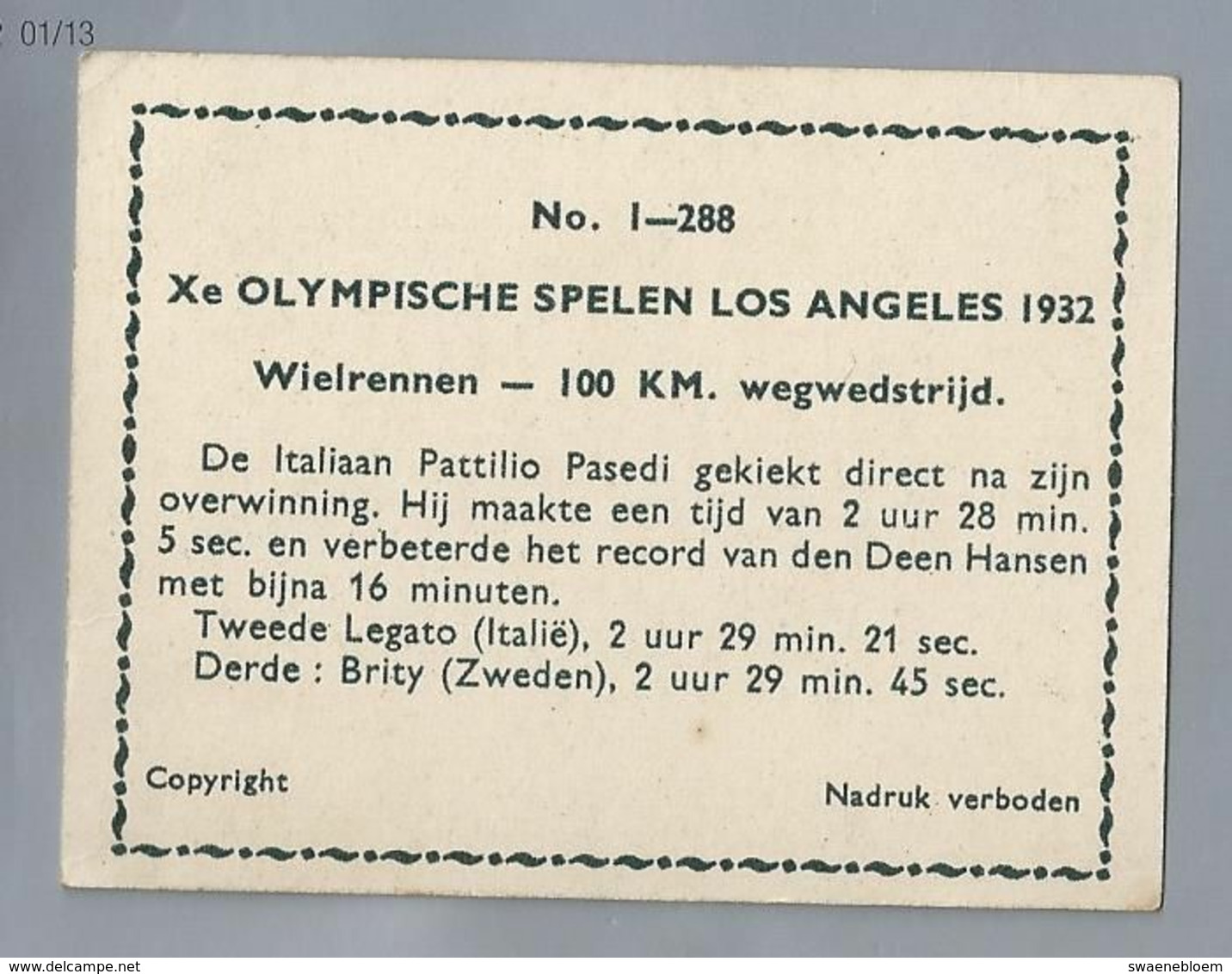 Xe Olympische Spelen Los Angeles 1932. Wielrennen. 100 KM. Wegwedstrijd. Italiaan Pattilio Pasedi. - Other & Unclassified