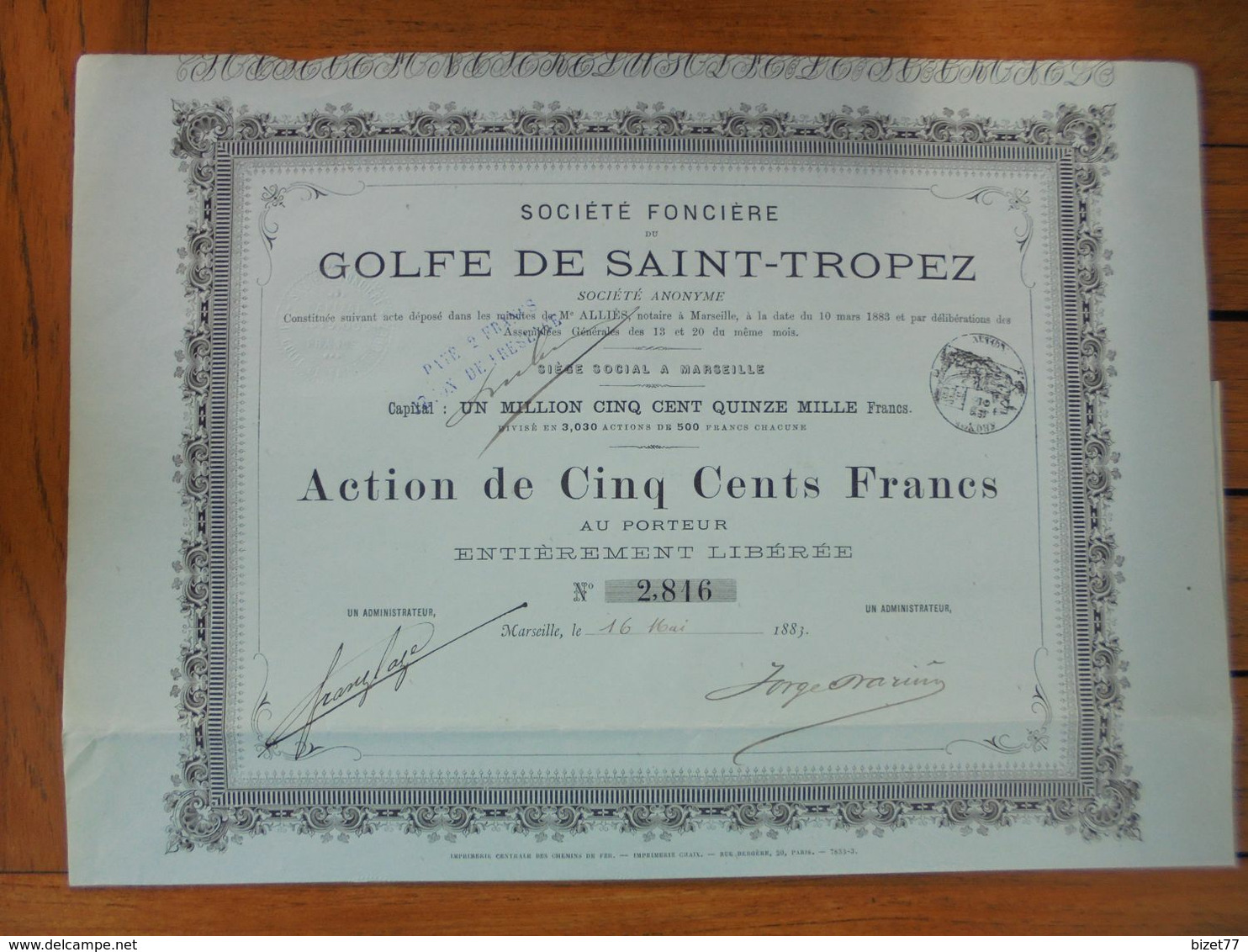 FRANCE - 83 - ST FONCIERE DU GOLF DE SAINT TROPEZ - ACTION DE CINQ CENT FRS - MARSEILLE 1883 - Otros & Sin Clasificación