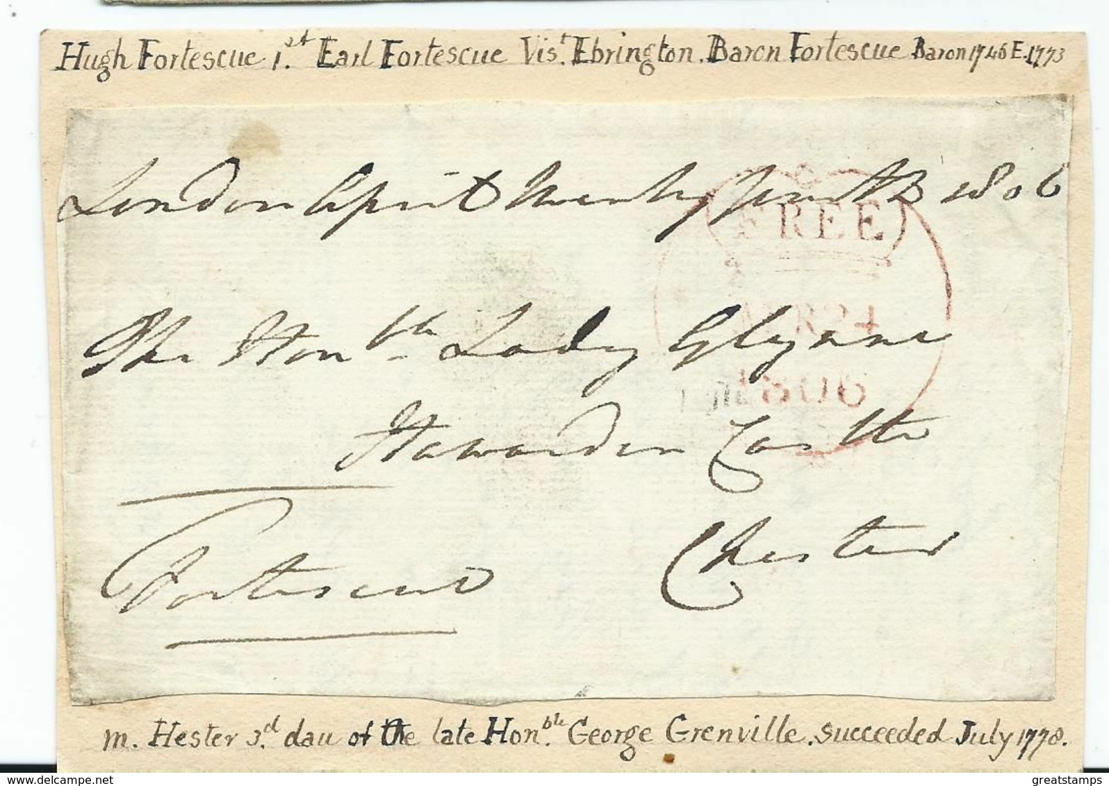 Free Front With Reseach Around March 1806 Earl Fortesque - ...-1840 Préphilatélie