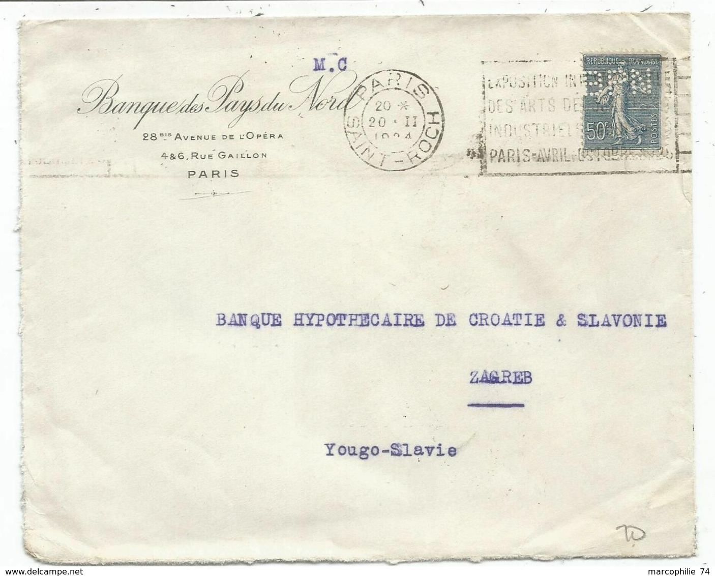 N°161 PERORE BPN LETTRE BANQUE DES PAYS DU NORD PARIS 20.II.1924 TO ZAGREB YOUGOSLAVIE - Sonstige & Ohne Zuordnung