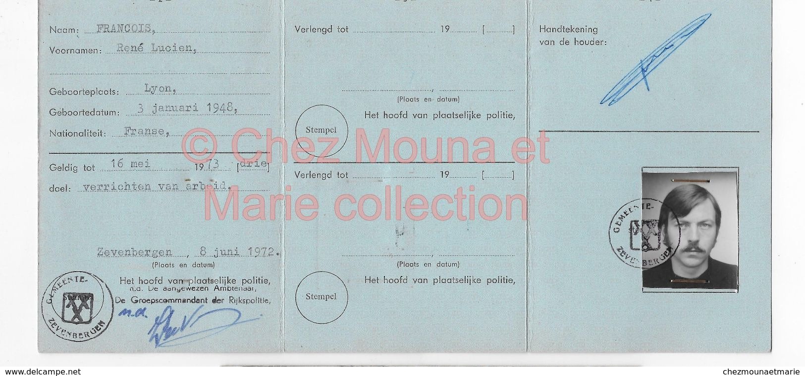 CARTE DE RESIDENCE HOLLANDE PAYS BAS FRANCOIS RENE LUCIEN NE 1948 LYON - ZEVENBERGEN 1872 - Documents Historiques