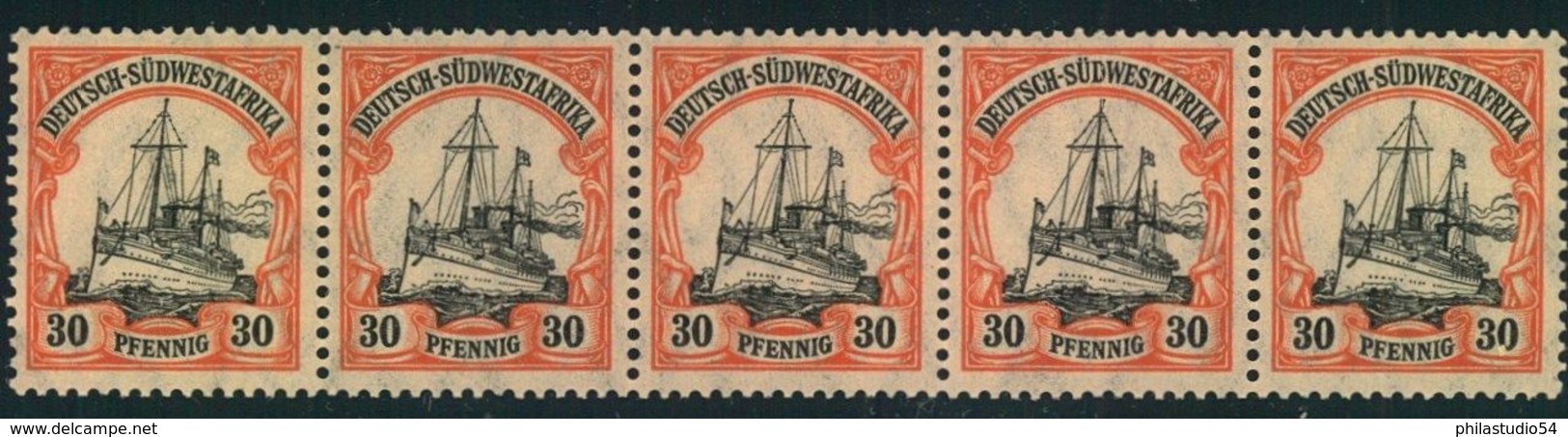 1911, 30 Pfg. Kaiseryacht Im Postfrischen 5-er-Streifen - África Del Sudoeste Alemana