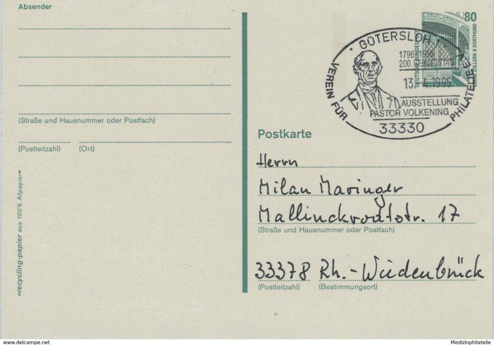 Johann Heinrich Volkening War Ein Deutscher Evangelischer Theologe In Minden - 33330 Gütersloh - Ganzsache 1995 - Théologiens