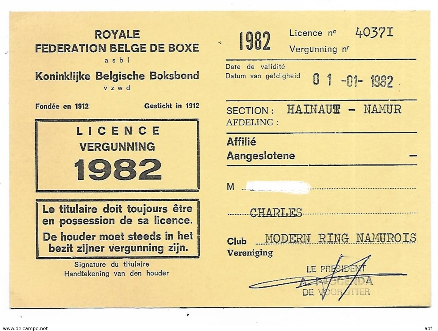 ANCIENNE LICENCE FEDERATION BELGE DE BOXE, CLUB MODERN RING NAMUROIS, HAINAUT BELGIQUE, 1982 - Sonstige & Ohne Zuordnung