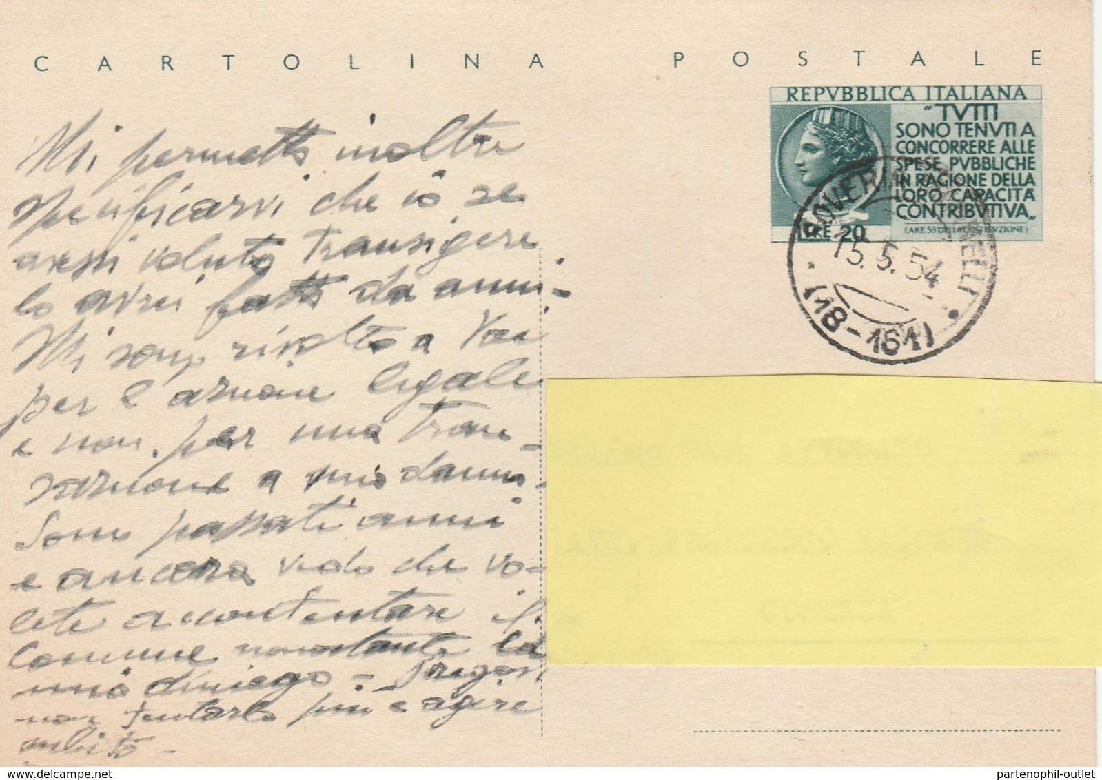 Italia, Intero Postale 1954 - Pro Erario Viaggiata - Postwaardestukken