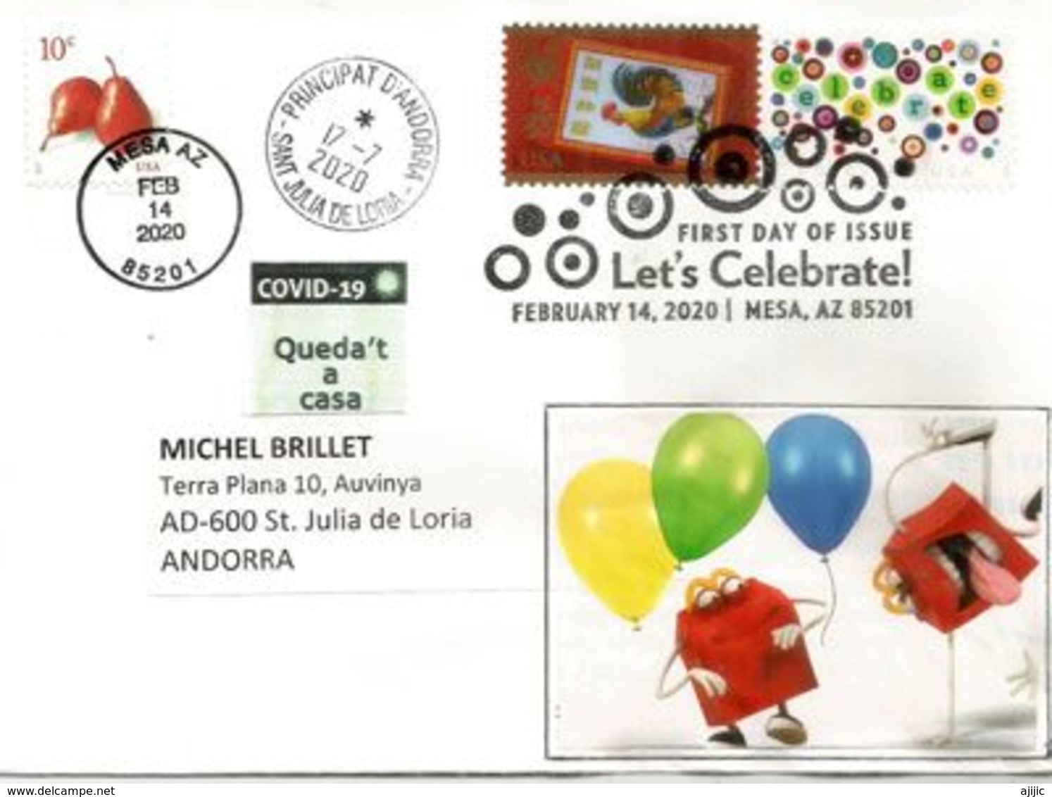 LET'S CELEBRATE 14TH FEB.2020 Mesa_AZ. (USA) COVID19 Letter Sent To Andorra,w/prevention Sticker STAY HOME - 2011-...