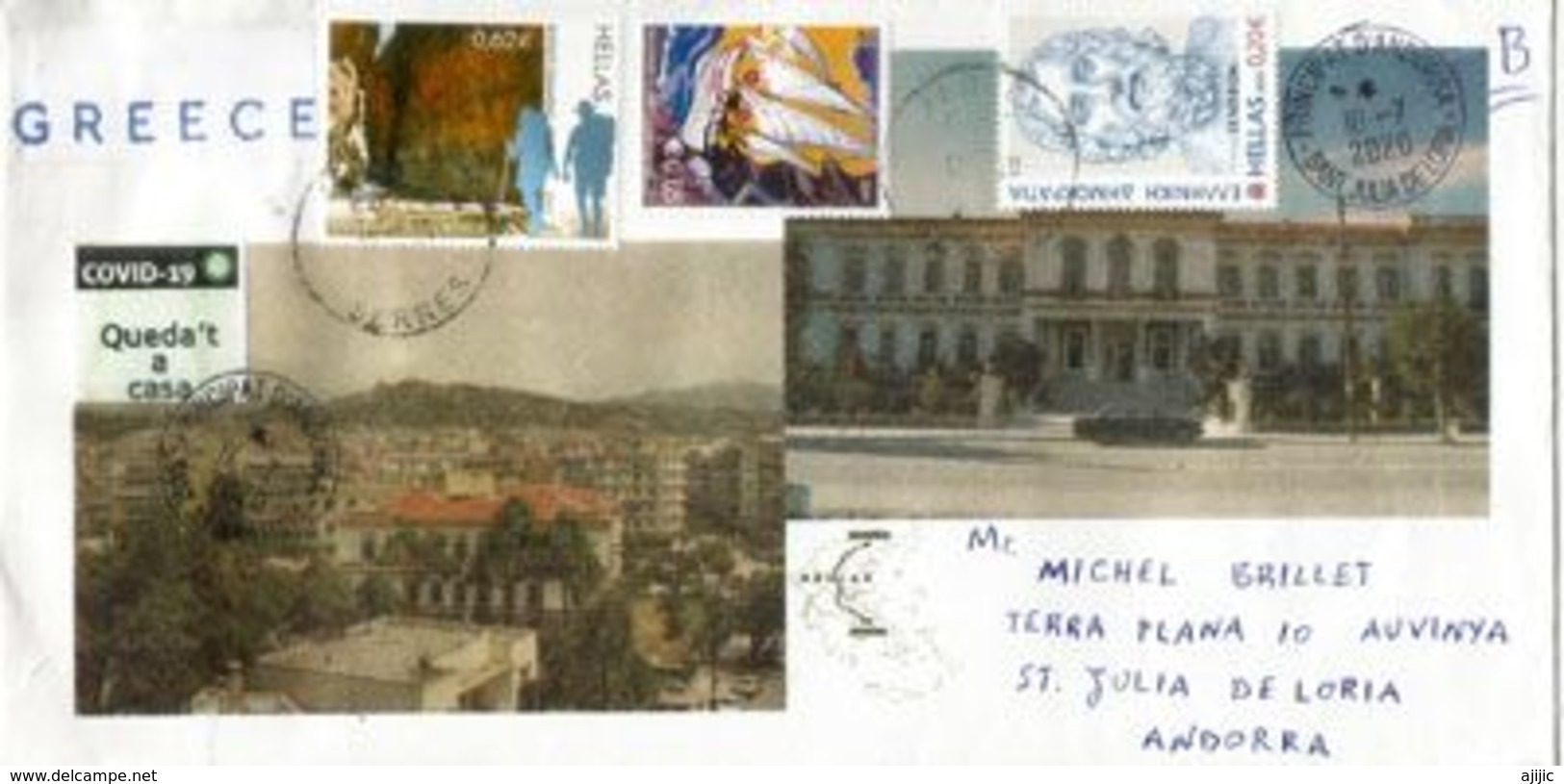 Lettre De Grèce Envoyée Andorra Pendant Le COVID19 Lockdown, Avec Vignette Prévention STAY HOME / QUEDA'T A CASA - Brieven En Documenten