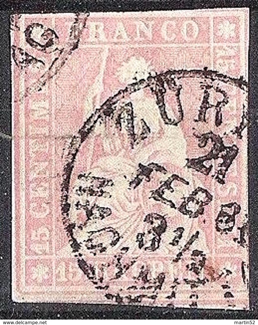 Schweiz Suisse 1858: III.Periode Faden Grün Fil Vert 15 RAPPEN Zu 24G Mi 15IIBym Yv 28 O ZÜRICH 21 FEB 61 (Zu CHF 75.00) - Gebraucht