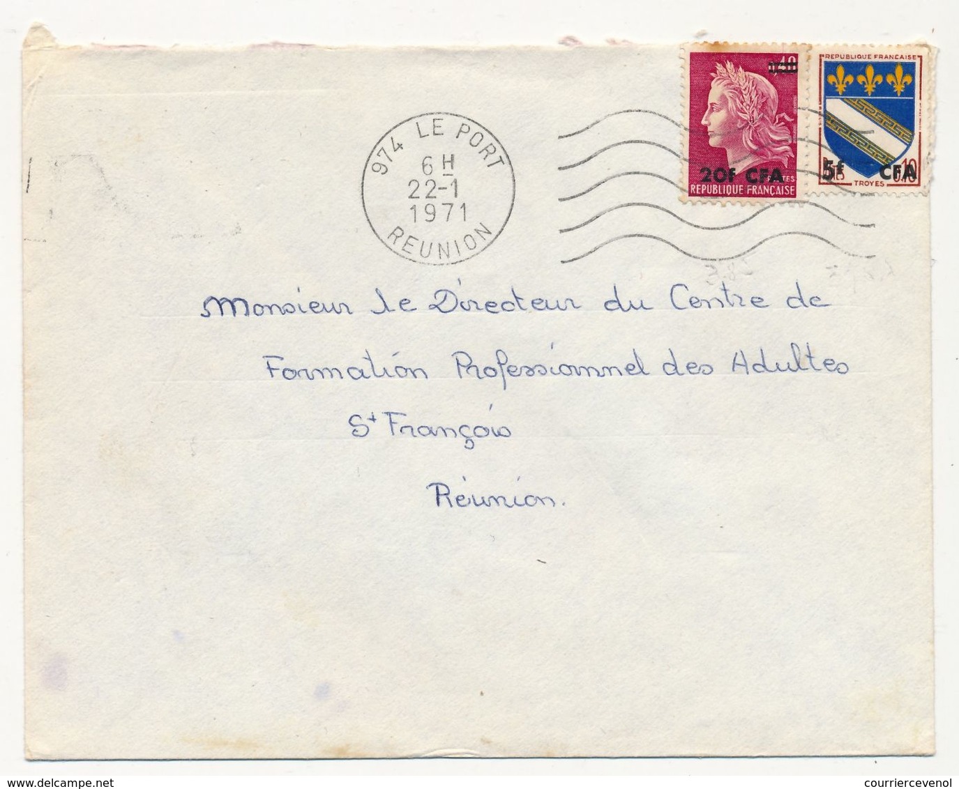 REUNION - Enveloppe Affr 20F/0,40 Marianne Cheffer + 5F/0,10 Blason Troyes - OMEC Le Port Réunion 1971 - Covers & Documents