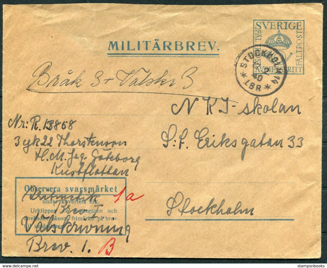 1940 Sweden Militarbrev Stationery Cover. Navy - Stockholm - Militärmarken