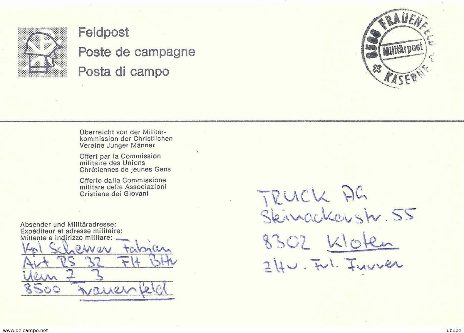 Feldpost Brief  "Frauenfeld Kaserne - Militärpost"        Ca. 1980 - Postmarks