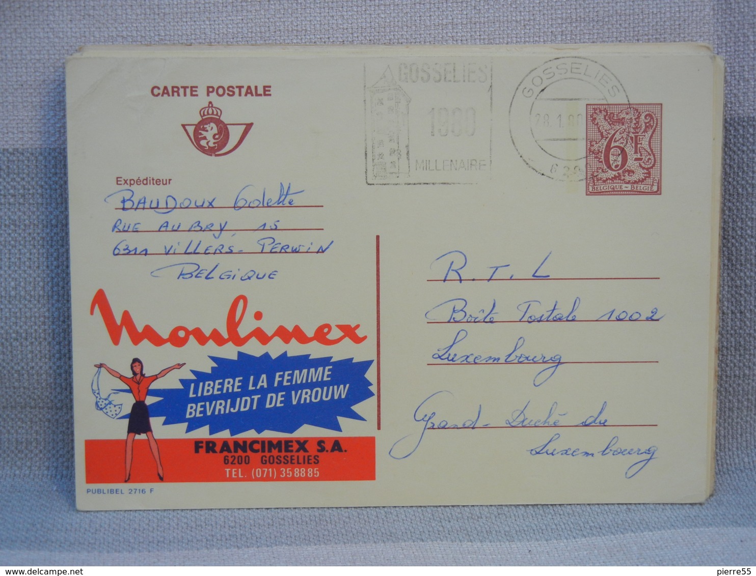 BELGIQUE - EP 6 Fr LION ROUGE - OBLIT VAGUE 1880 GOSSELIES  PUBLIBEL MOULINEX (2716F) - Tarjetas 1951-..