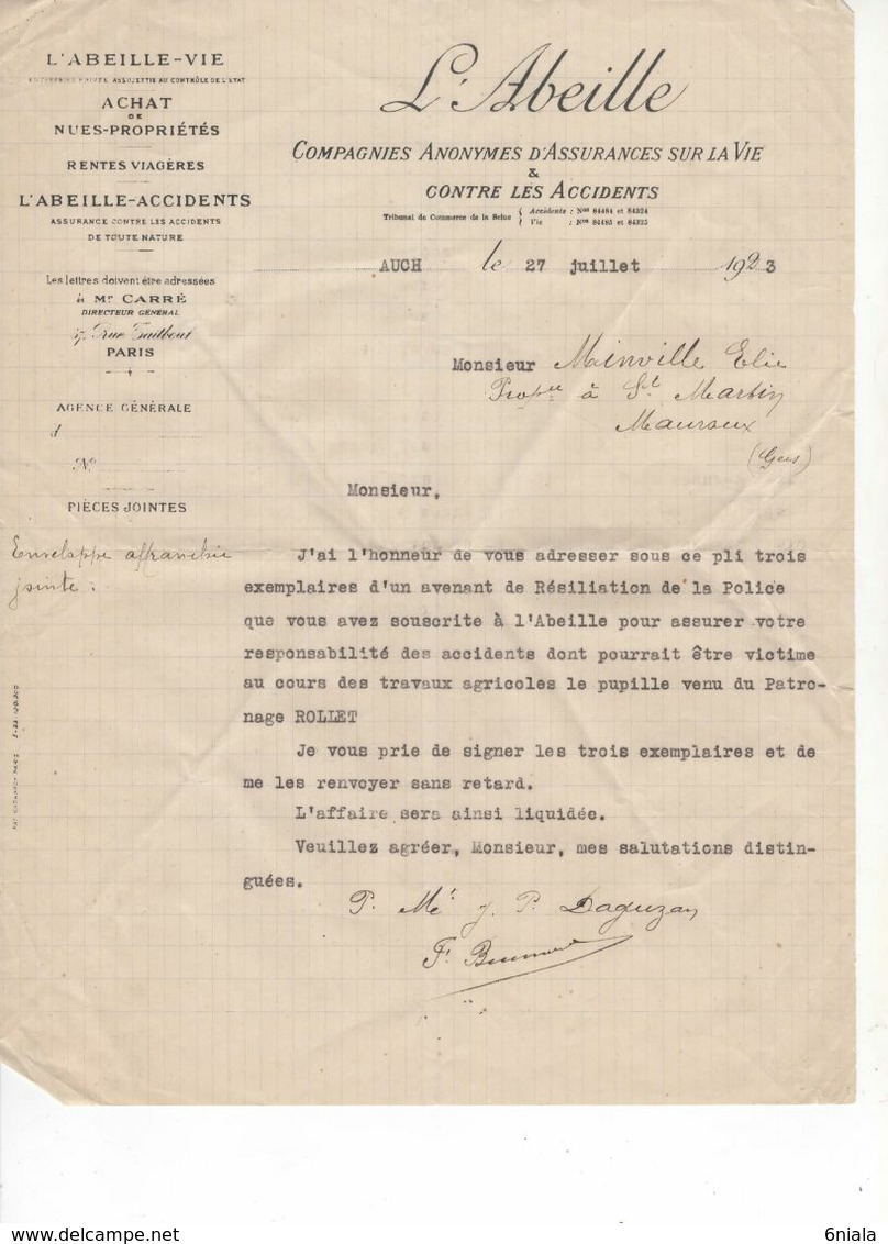 1706 LETTRE  Agence ABEILLE Assurance DAGUZON  AUCH GERS  32 1923 - Bank En Verzekering