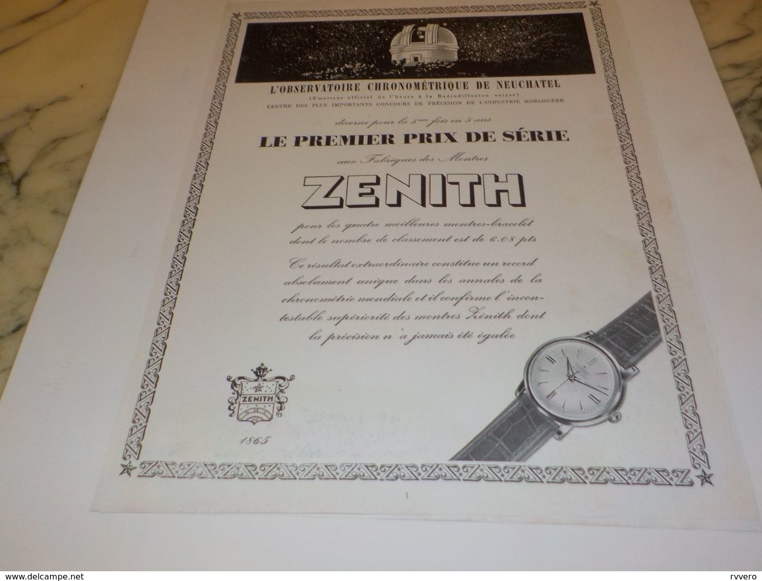 ANCIENNE PUBLICITE OBSERVATOIRE DE NEUCHATEL ET   MONTRE ZENITH  1955 - Autres & Non Classés