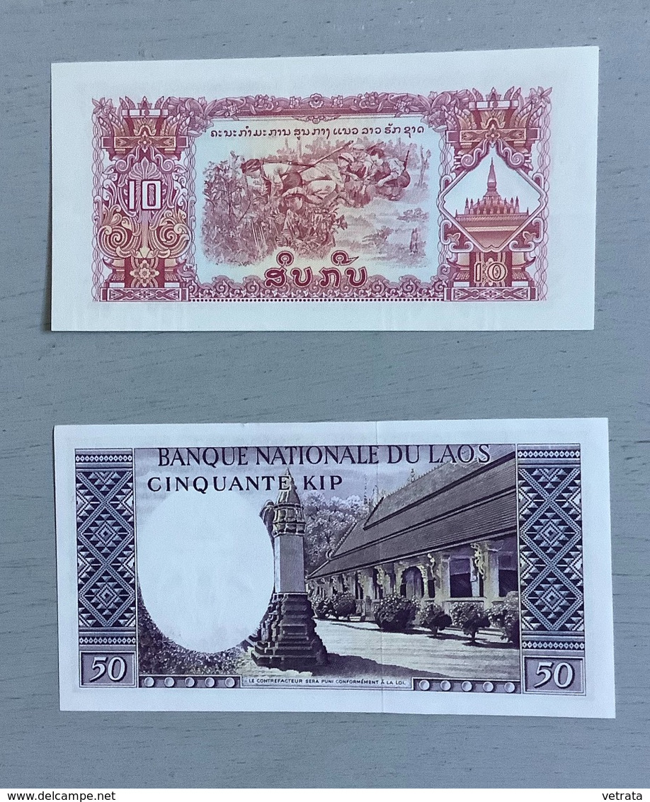 LAOS = 2 Billets 10 & 50 Kip (neufs) & 1 Timbre Oblitéré (Calgary 88) - Laos