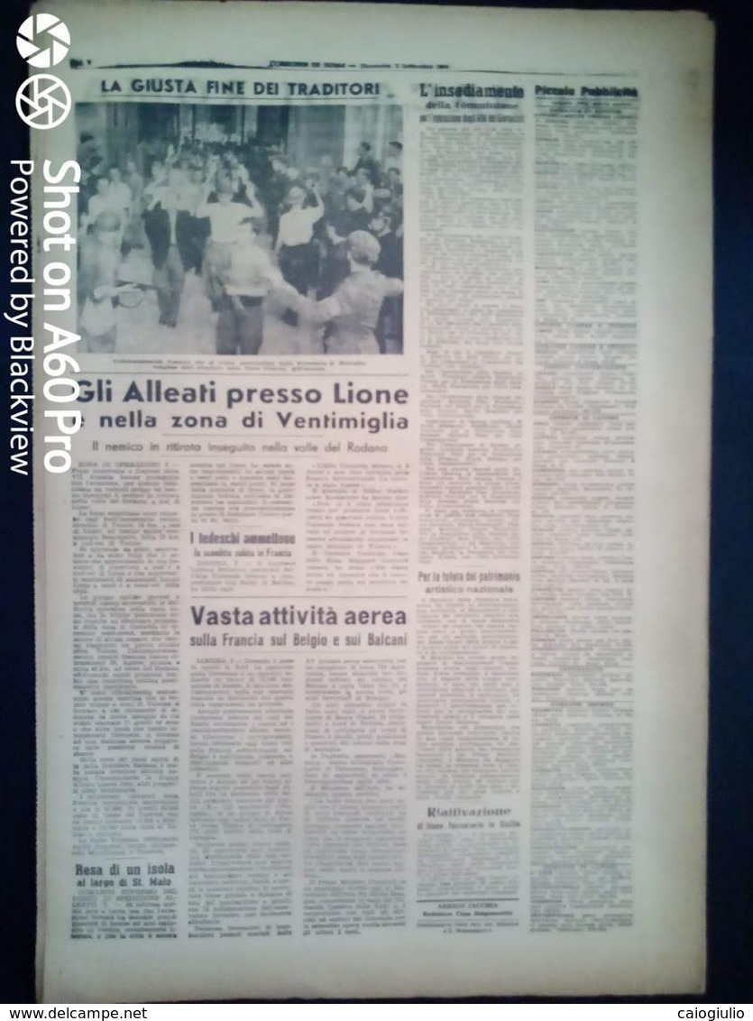 FASCISMO - CORRIERE DI ROMA N° 90 -  3 SETTEMBRE 1944 - PISA LIBERATA - SFONDATA LA LINEA DEI GOTI - Guerre 1939-45