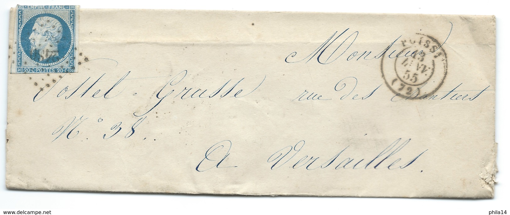 N° 14 BLEU NAPOLEON SUR LETTRE / POISSY POUR VERSAILLES / 13 JANV 1855 - 1849-1876: Periodo Classico