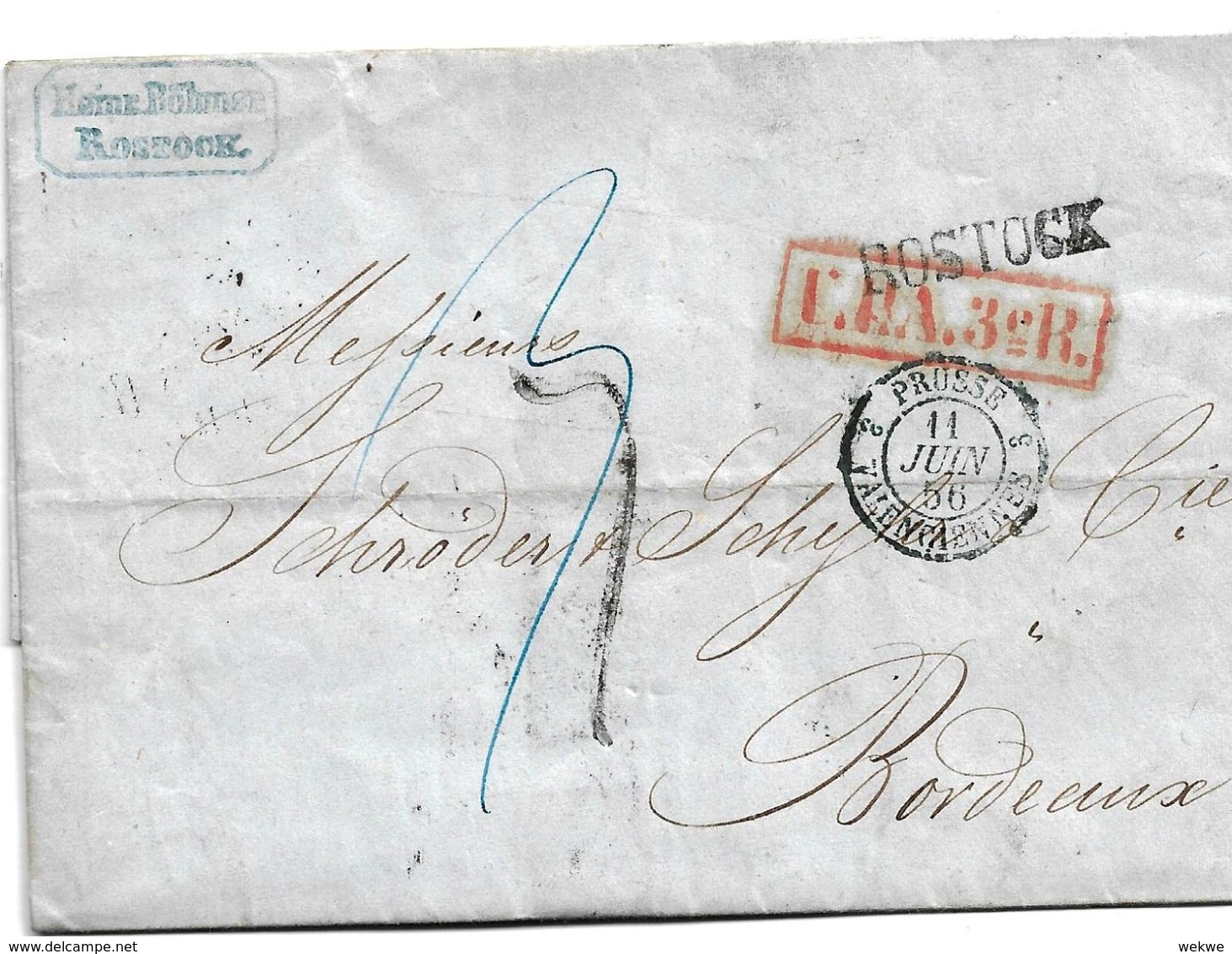 Mes019 / MECKLENBURG - Rostock 1856, Nach Bordeaux UPA3cR, Kastenform (Feuser 612) - Mecklenburg-Schwerin