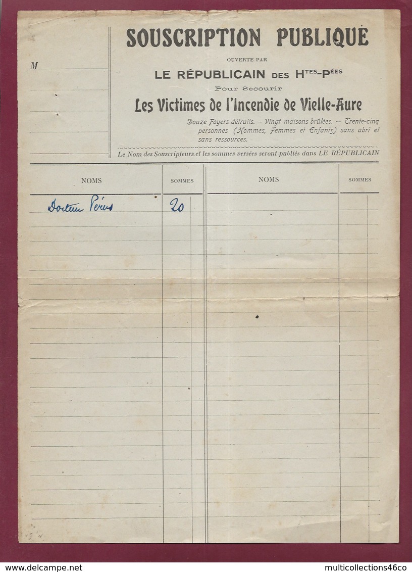 050720B - DOCUMENT ANCIEN Souscription Publique Journal Le Républicain Victimes Incendie De VIEILLE AURE 65 - Vielle Aure