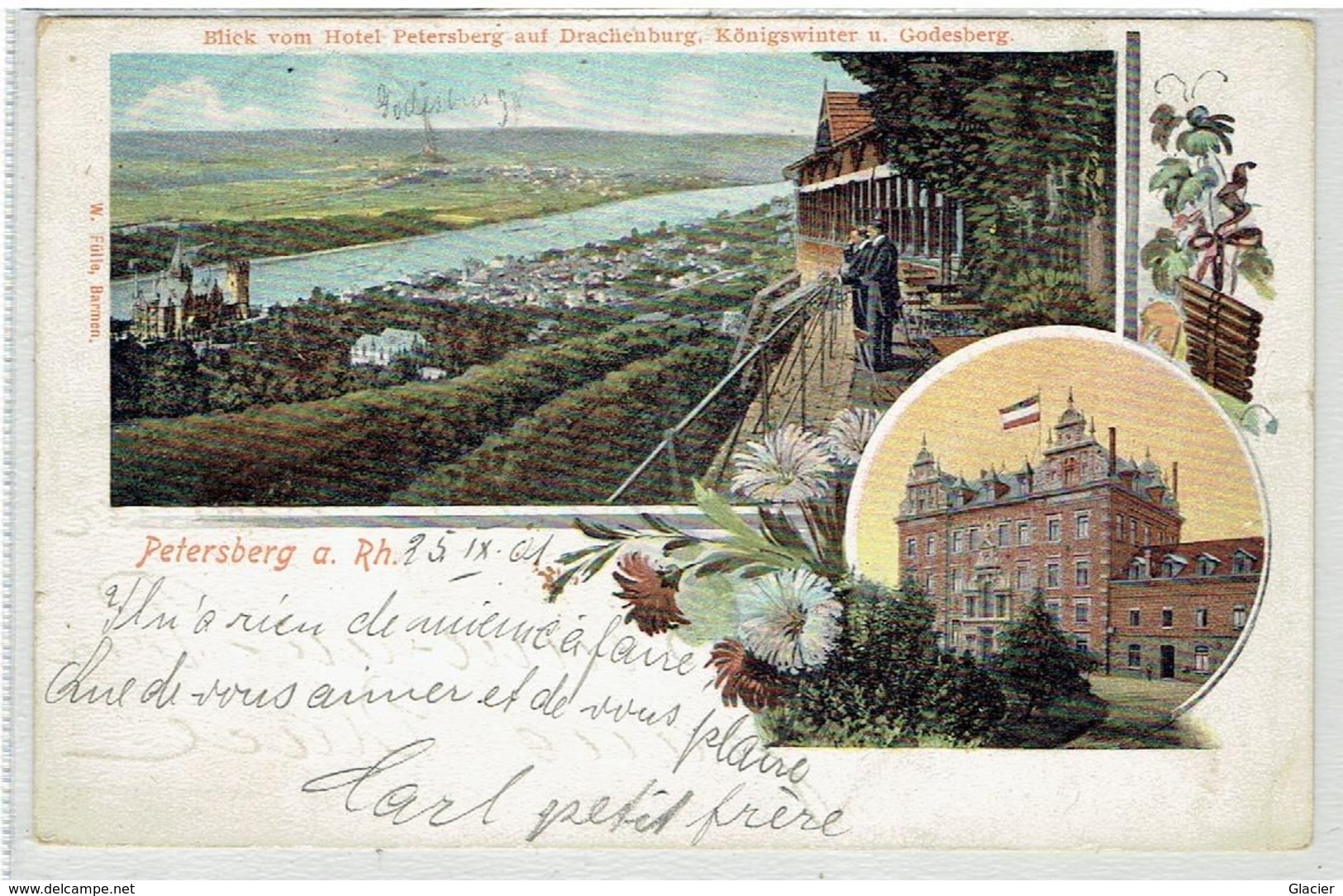 PETERSBERG A Rhein - Nordrh- Westf. - Blick Vom Hotel Petersberg Auf Drachenburg, Königswinteru. Godesberg - Lithokarte - Petersberg