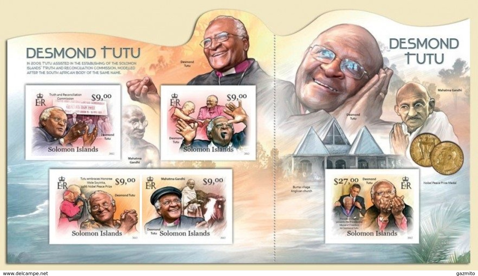 Salomon 2012, Peace Maker, Desmond Tutu, Dalai Lama, Gandhi, 4val In BF+BF IMPERFORATED - Boeddhisme