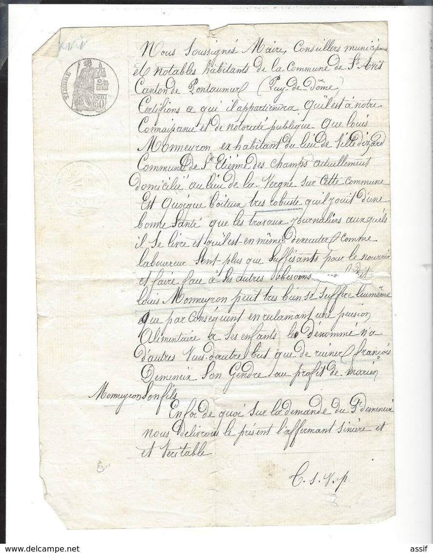 Puy De Dôme Saint Avit Saint Etienne Des Champs 1874  Attestations En Faveur Du Gendre D'un Boiteux " Très Robuste " - Non Classificati