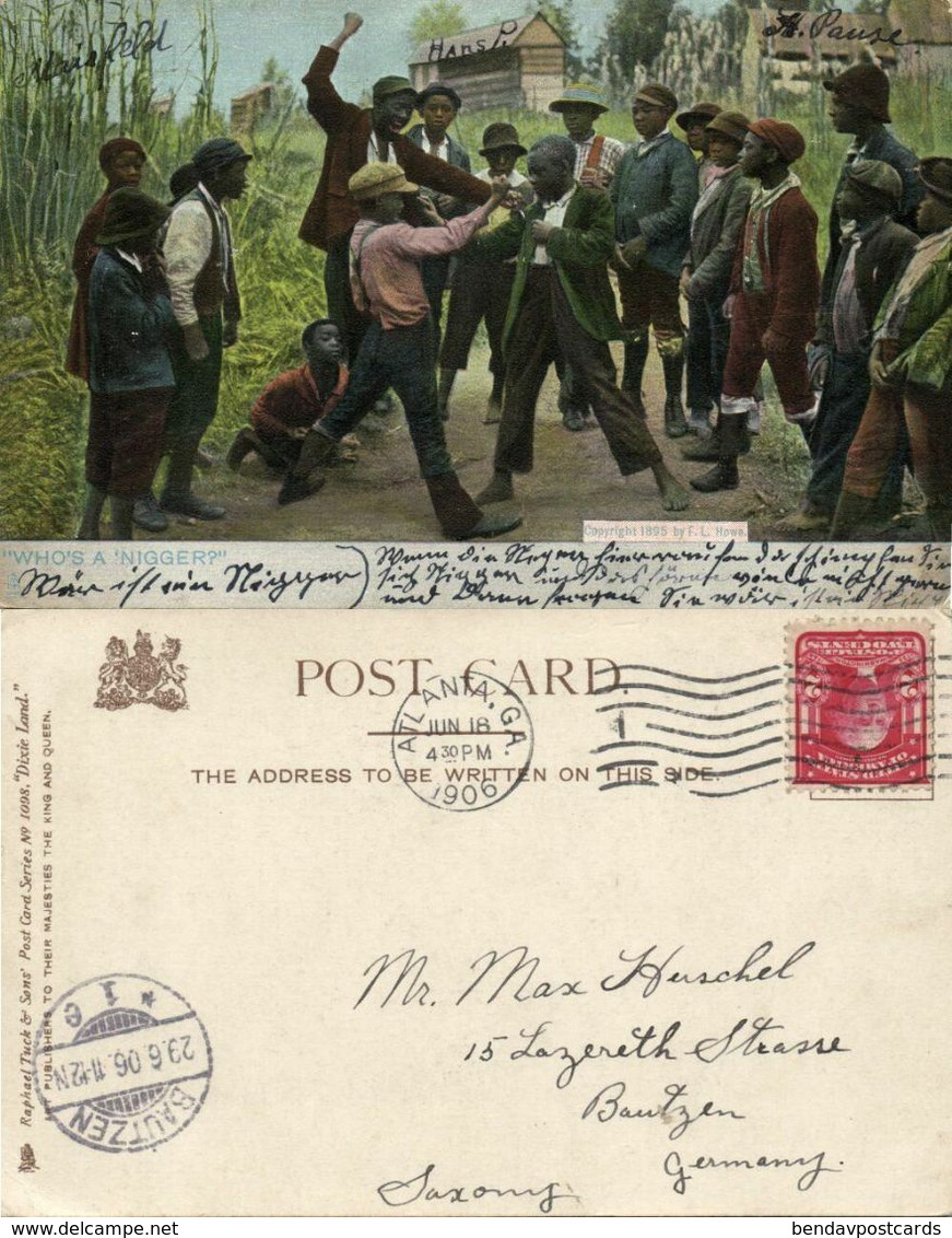 Black Americana, Two Fighting Boys (1906) Raphael Tuck "Dixie Land" Postcard - Black Americana
