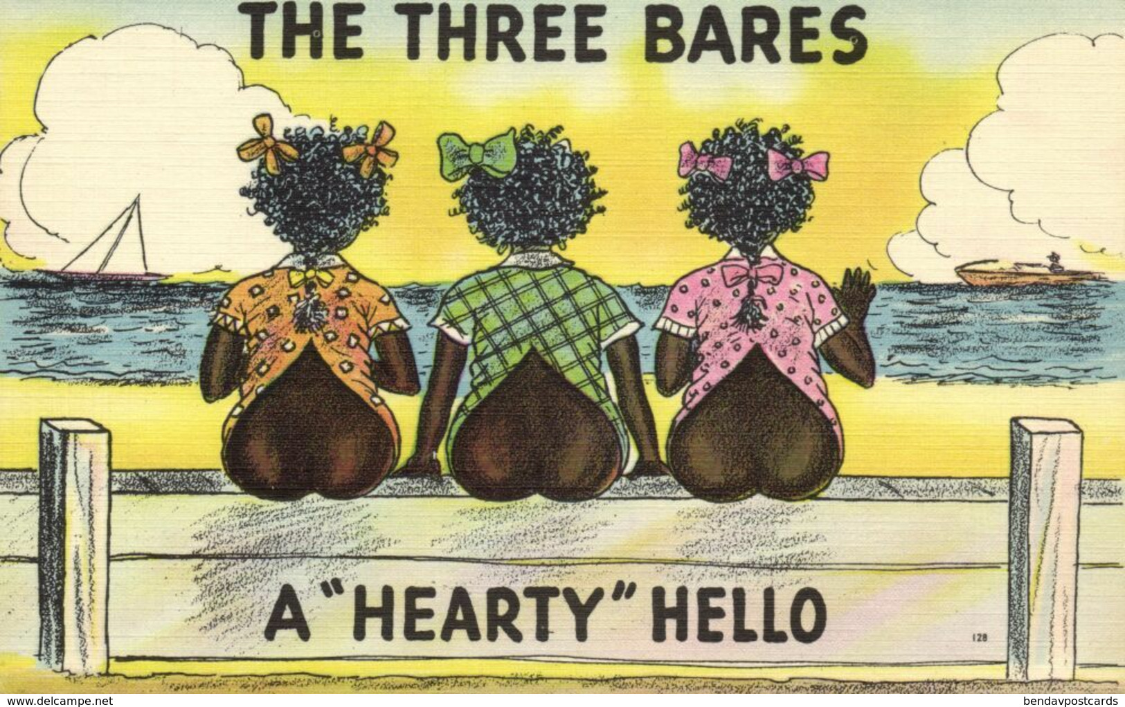 Black Americana, The Three Bares A "Hearty" Hello (1930s) Asheville Postcard 128 - Black Americana