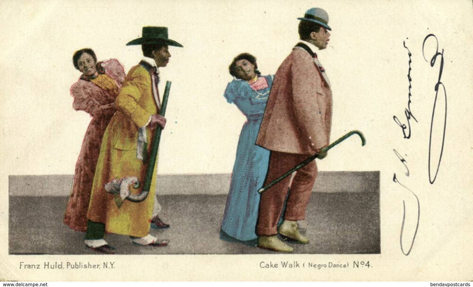 Black Americana, Cake Walk Dance (1900s) Franz Huld Private Mailing Card No. 4 - Black Americana