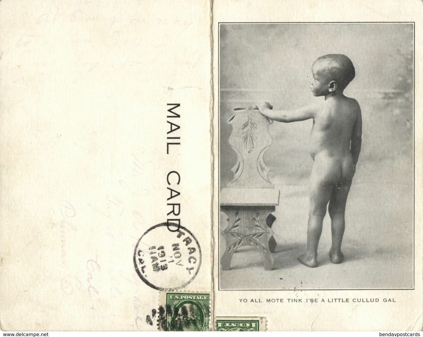 Black Americana, Southern Souvenir, Funny Young Boy (1913) Double Postcard - Black Americana