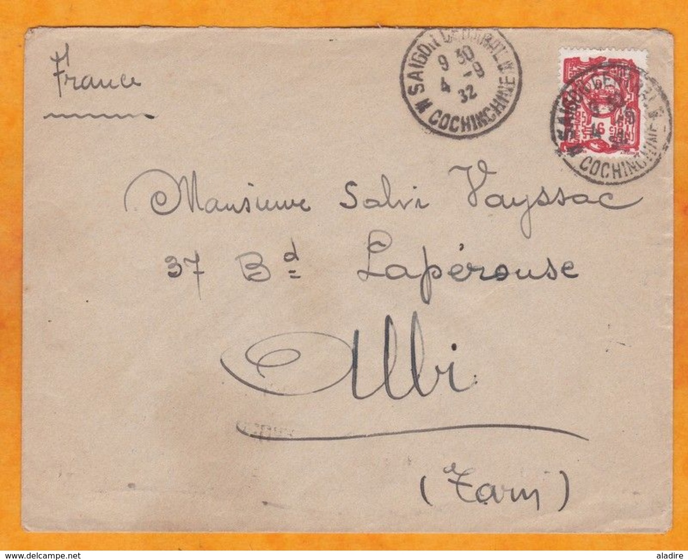 1932 - Enveloppe De Saigon Vers Albi, Tarn - Partie Le 4 Septembre - Arrivée Le 2 !!! - Flamme Cathédrale Musée - Lettres & Documents