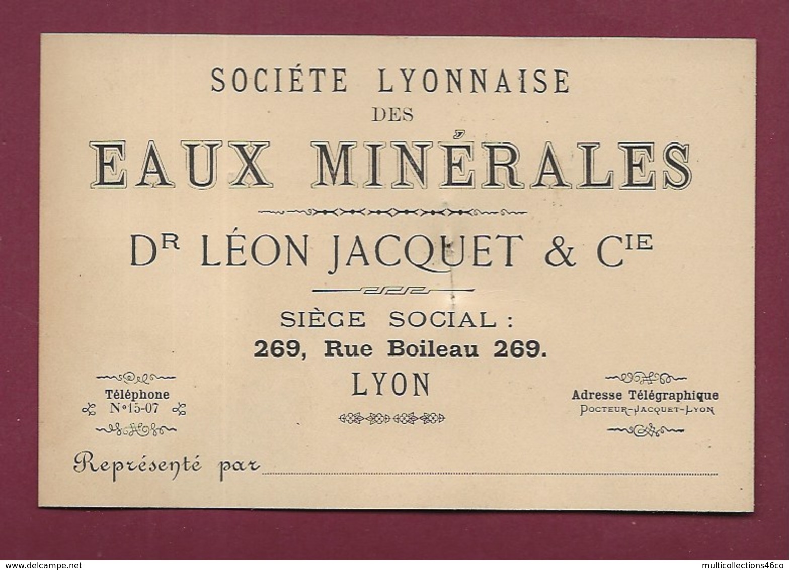 180720 - CARTE DE VISITE Représentant - EAUX MINERALES Dr LEON JACQUET & Cie 269 Rue Boileau Tarif Source - Lyon 6