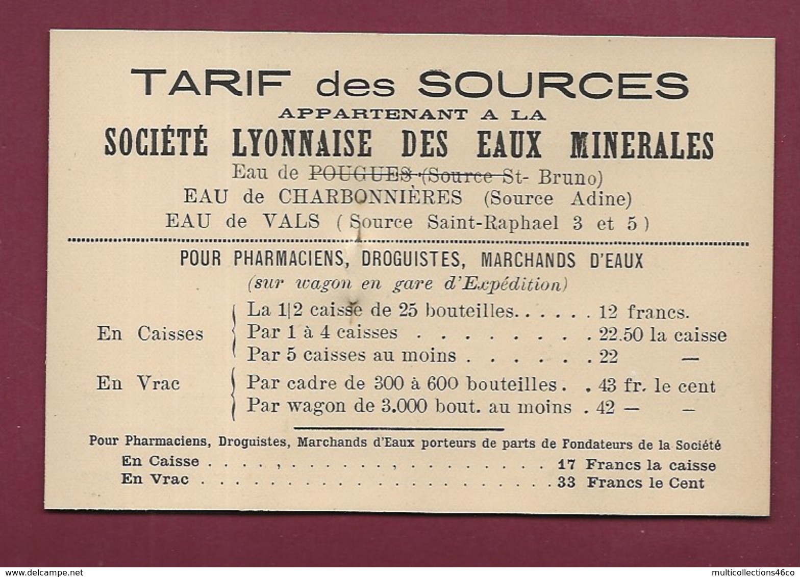 180720 - CARTE DE VISITE Représentant - EAUX MINERALES Dr LEON JACQUET & Cie 269 Rue Boileau Tarif Source - Lyon 6