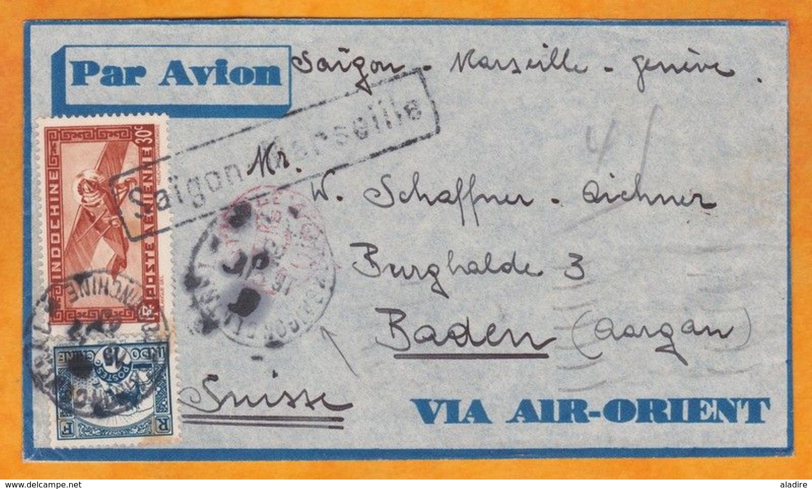 1933 - Enveloppe Par Avion AIR ORIENT De Saigon Vers Baden, Suisse - Via Marseille Et Genève - 36 C - Lettres & Documents