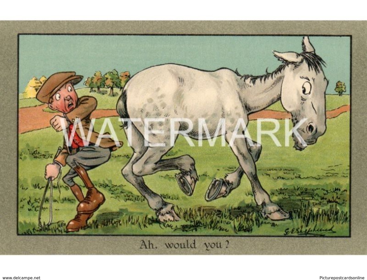 AH WOULD YOU HORSE AND TRAINER OLD COLOUR POSTCARD ARTIST SIGNED G.E. SHEPHEARD HORSE RACING INTEREST - Shepheard