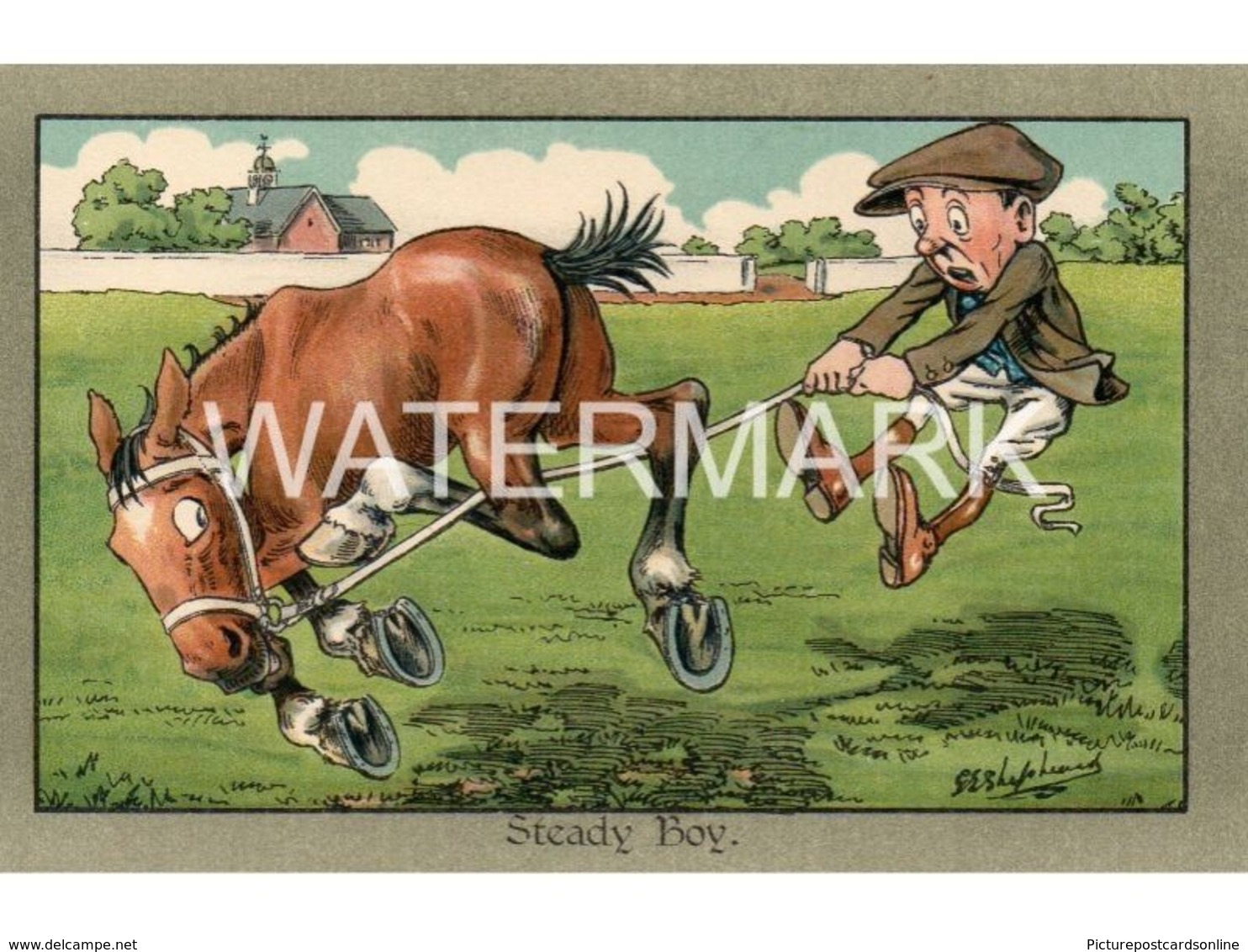 STEADY BOY HORSE AND TRAINER OLD COLOUR POSTCARD ARTIST SIGNED G.E. SHEPHEARD HORSE RACING INTEREST - Shepheard