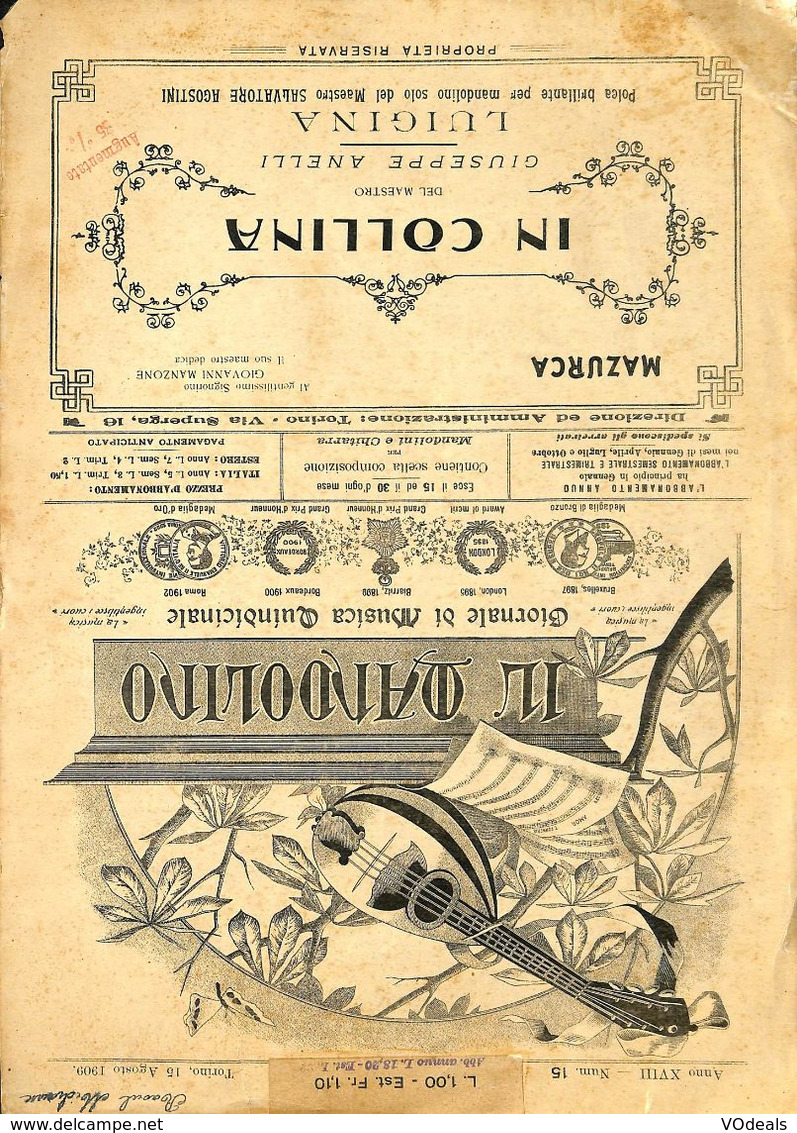 ANCIENNES PARTITIONS DE MUSIQUE -  IL MANDOLINO : GIORNALE DI MUSICA QUINDICINALE - In Colina - Année 1909 - Musique