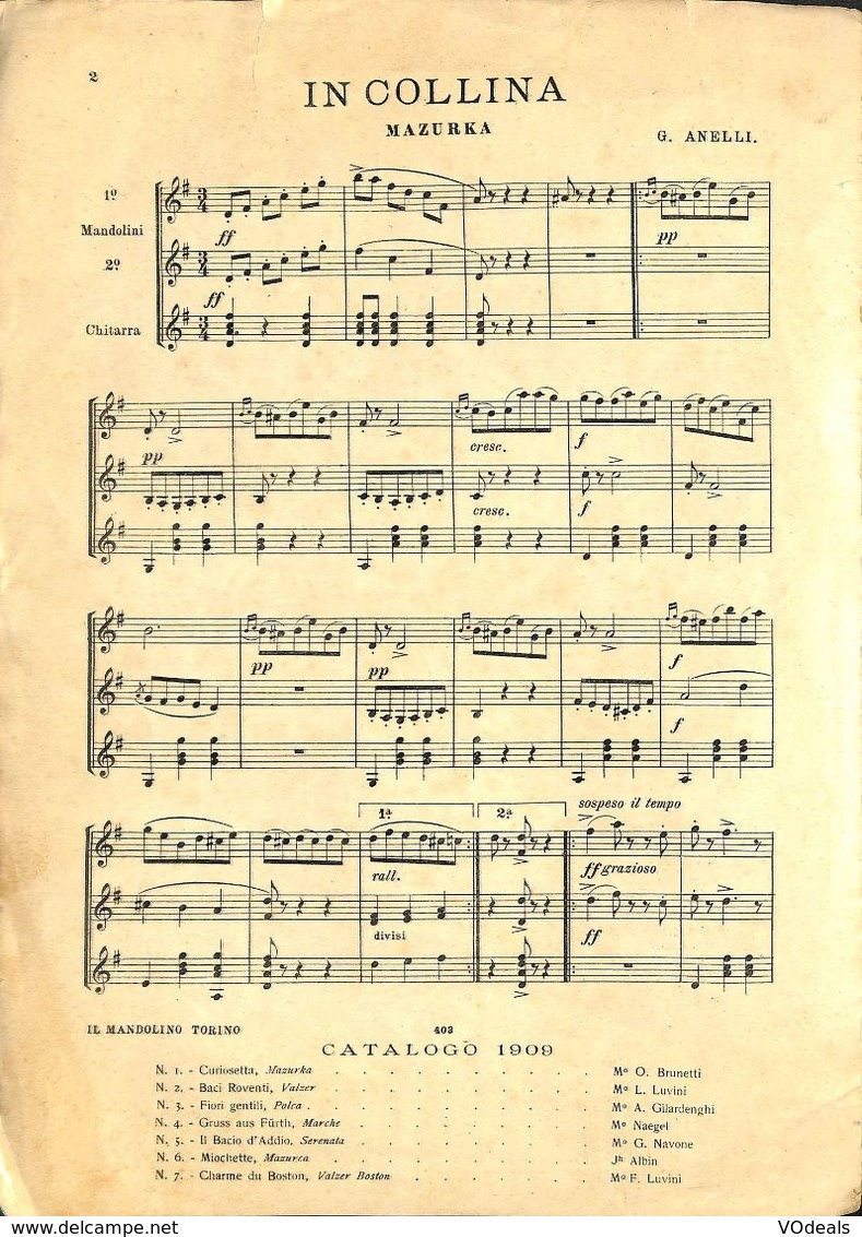 ANCIENNES PARTITIONS DE MUSIQUE -  IL MANDOLINO : GIORNALE DI MUSICA QUINDICINALE - In Colina - Année 1909 - Musique