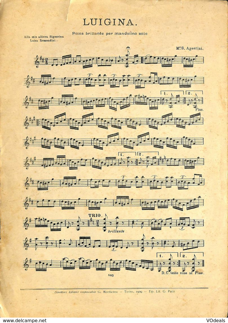 ANCIENNES PARTITIONS DE MUSIQUE -  IL MANDOLINO : GIORNALE DI MUSICA QUINDICINALE - In Colina - Année 1909 - Music